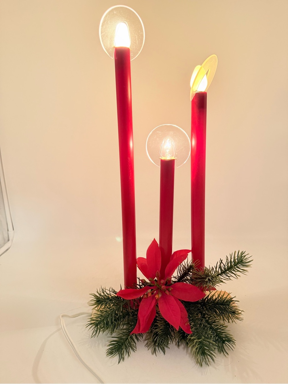 Vintage red Christmas electric lighted candelabra - holiday decor Centerpiece
